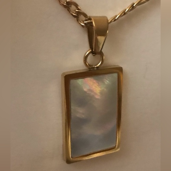 Mother Pearl Rectangle Iridescent Shell Gold Stainless Steel Geometric Necklace - Picture 8 of 17